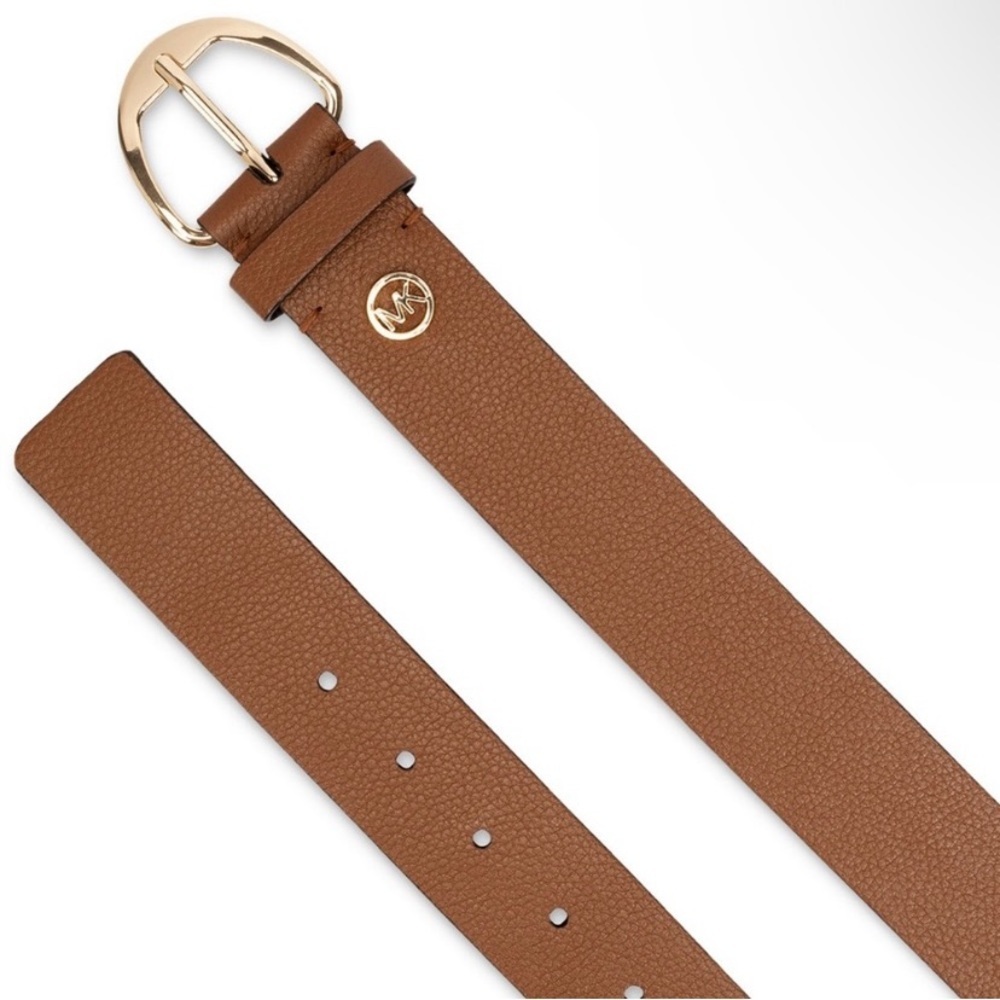 New Michael Kors Brown Pebbled Leather Belt With Hamilton Lock Gold - Size M - Picture 2 of 5